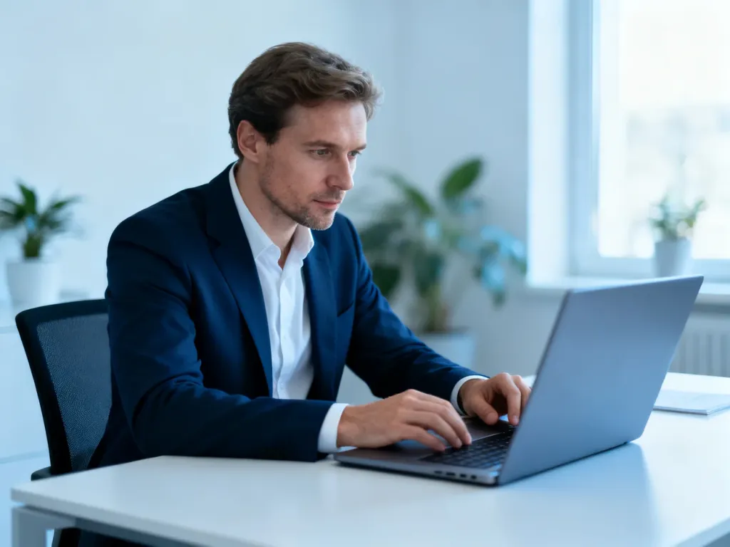 Mężczyzna w jasnym biurze skupiony na pracy przy laptopie, korzystający z systemu informatycznego.