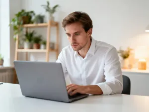 Kobieta pracująca przy laptopie w nowoczesnym biurze domowym, korzystająca z panelu klienta inFakt.