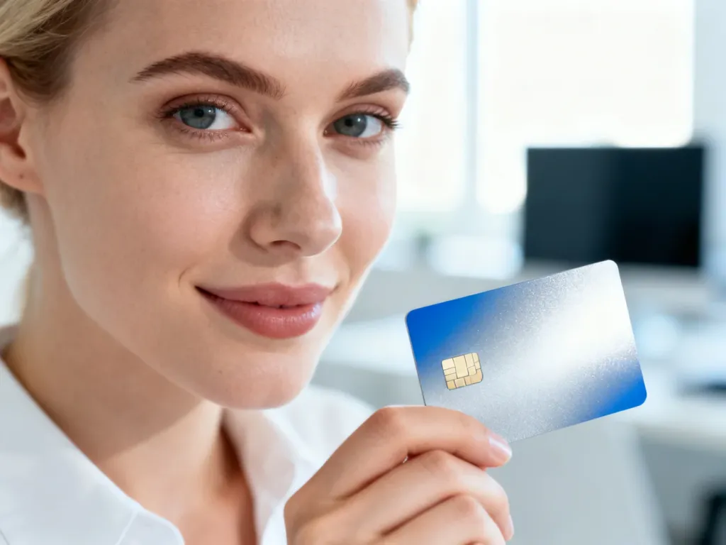 Dłoń trzymająca nowoczesną kartę debetową z widocznym chipem na tle jasnego, minimalistycznego biura.