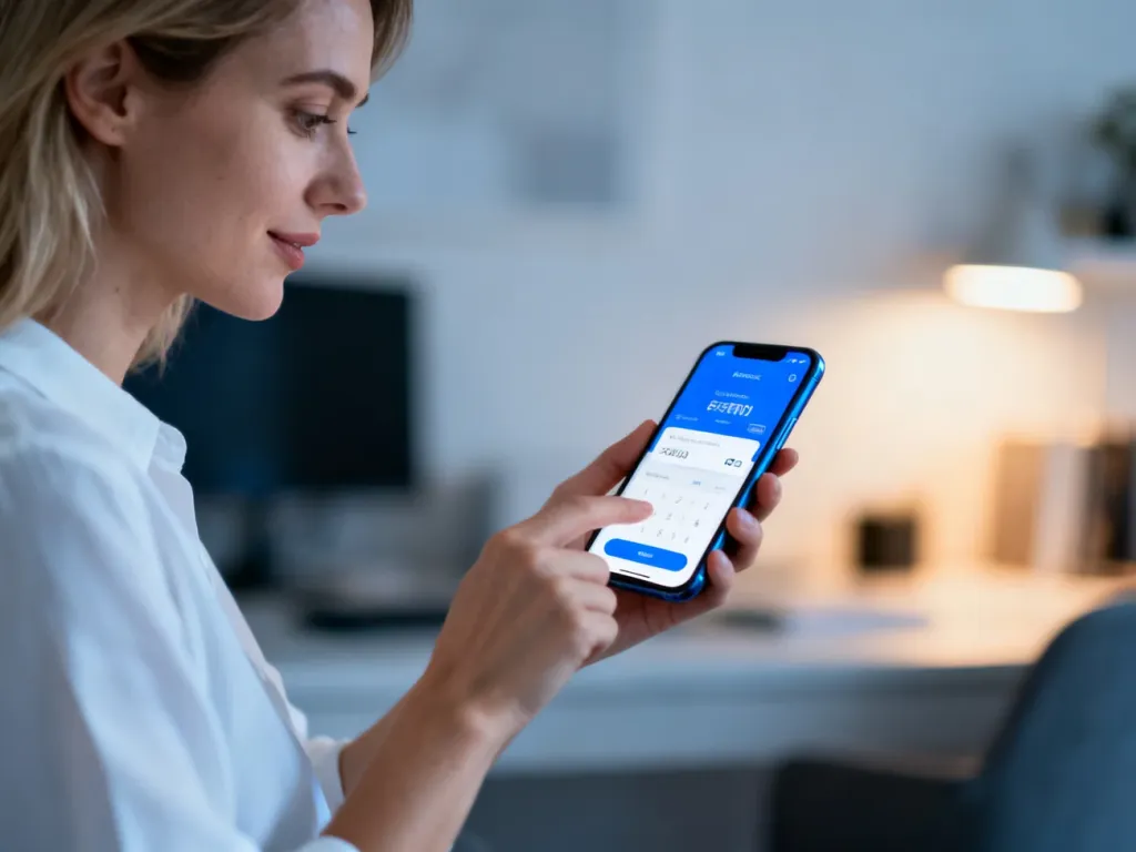 Kobieta korzystająca z aplikacji do płatności mobilnych na smartfonie w nowoczesnym domowym biurze.