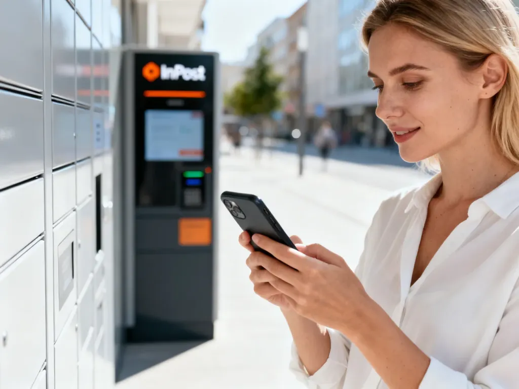 Kobieta płaci smartfonem w nowoczesnej przestrzeni miejskiej, w tle widoczny jest paczkomat InPost.