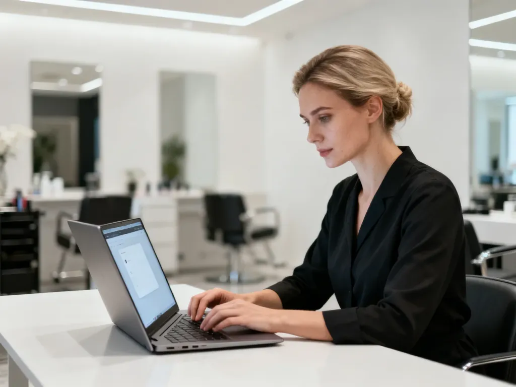 Kobieta pracująca przy laptopie w nowoczesnym salonie, korzystająca z panelu zarządzania Booksy Biz.