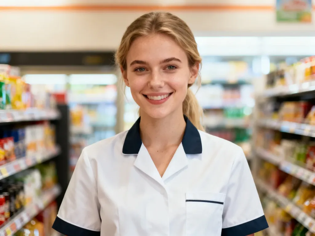 Uśmiechnięta pracownica w profesjonalnym stroju służbowym na tle wnętrza sklepu typu convenience.