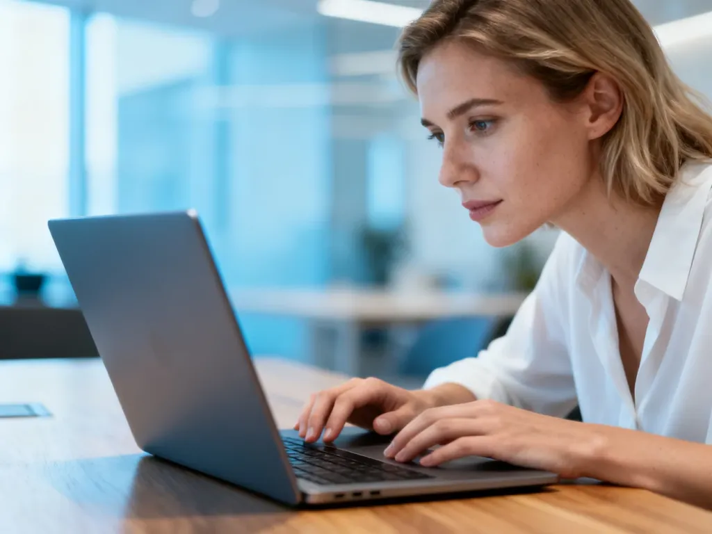 Kobieta pracująca przy laptopie w nowoczesnym biurze, symbolizująca łatwy dostęp do systemu EZWM.