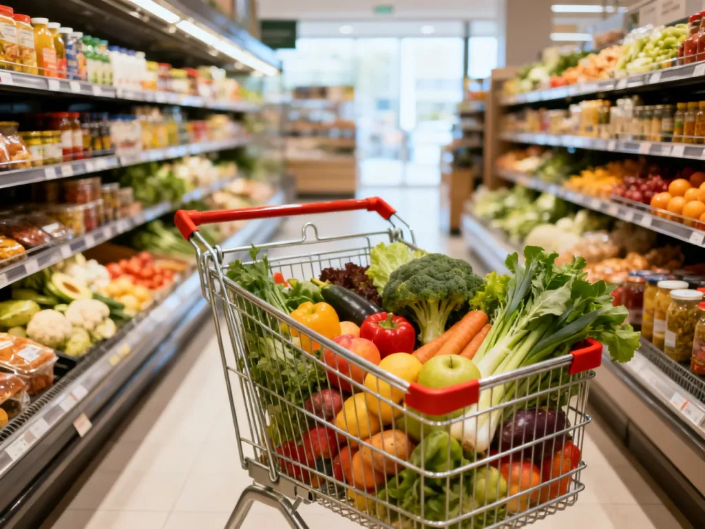 Wózek sklepowy wypełniony świeżymi warzywami i owocami w nowoczesnej alejce supermarketu.