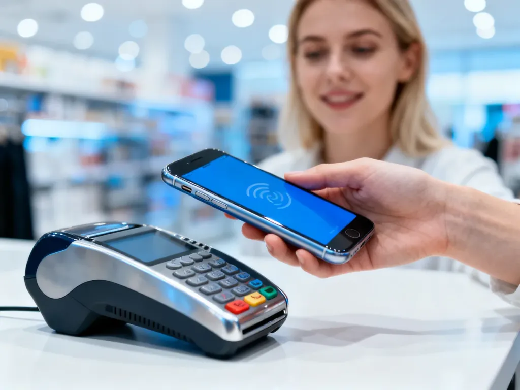 Kobieta zbliża smartfon do terminala płatniczego, prezentując wygodę korzystania z płatności zbliżeniowych Samsung Wallet.