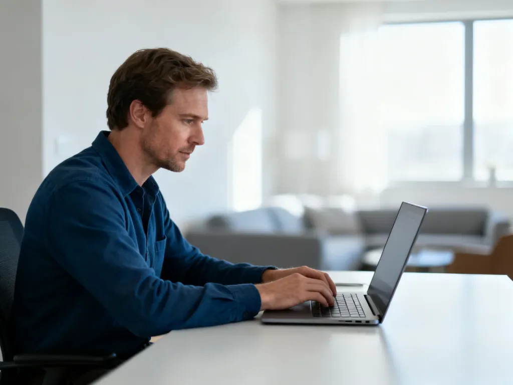 Pracownik korzystający z laptopa w nowoczesnym domowym biurze, logujący się do systemu Hrnest.