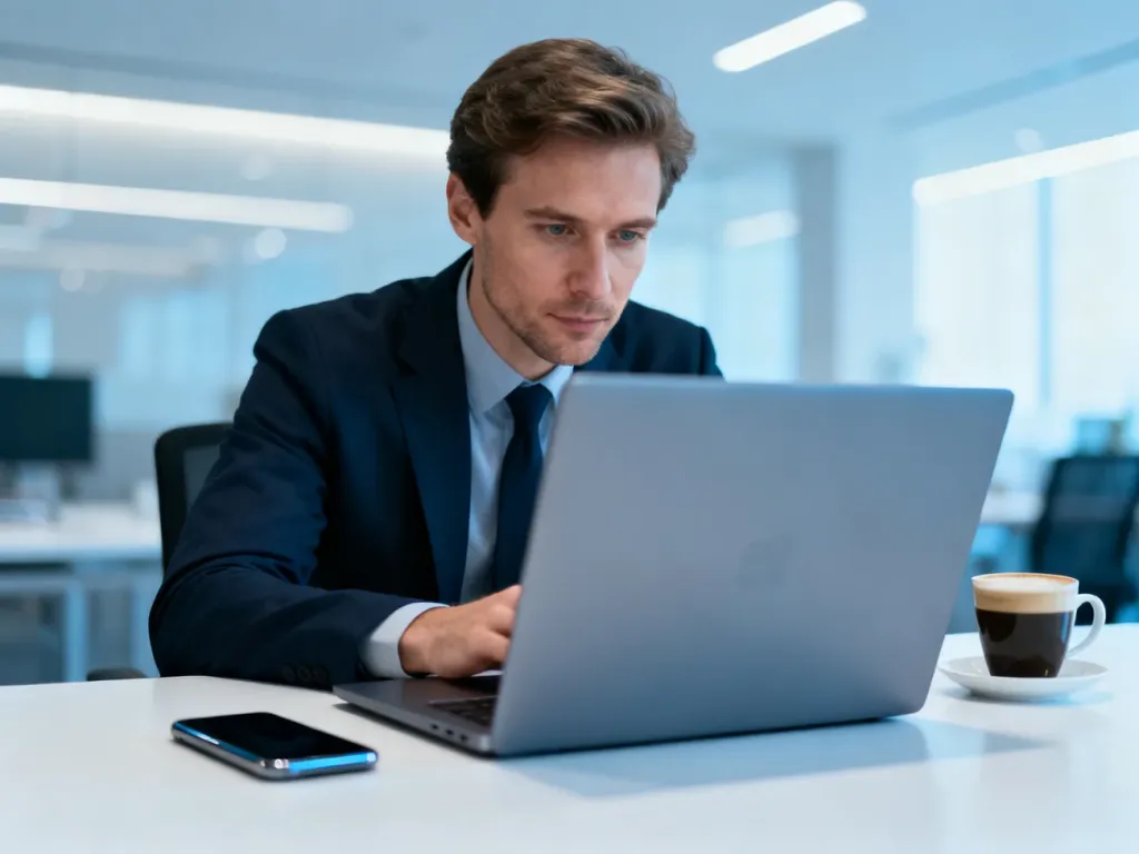 Mężczyzna pracujący przy laptopie w nowoczesnym biurze, symbolizujący wygodne korzystanie z panelu klienta online.