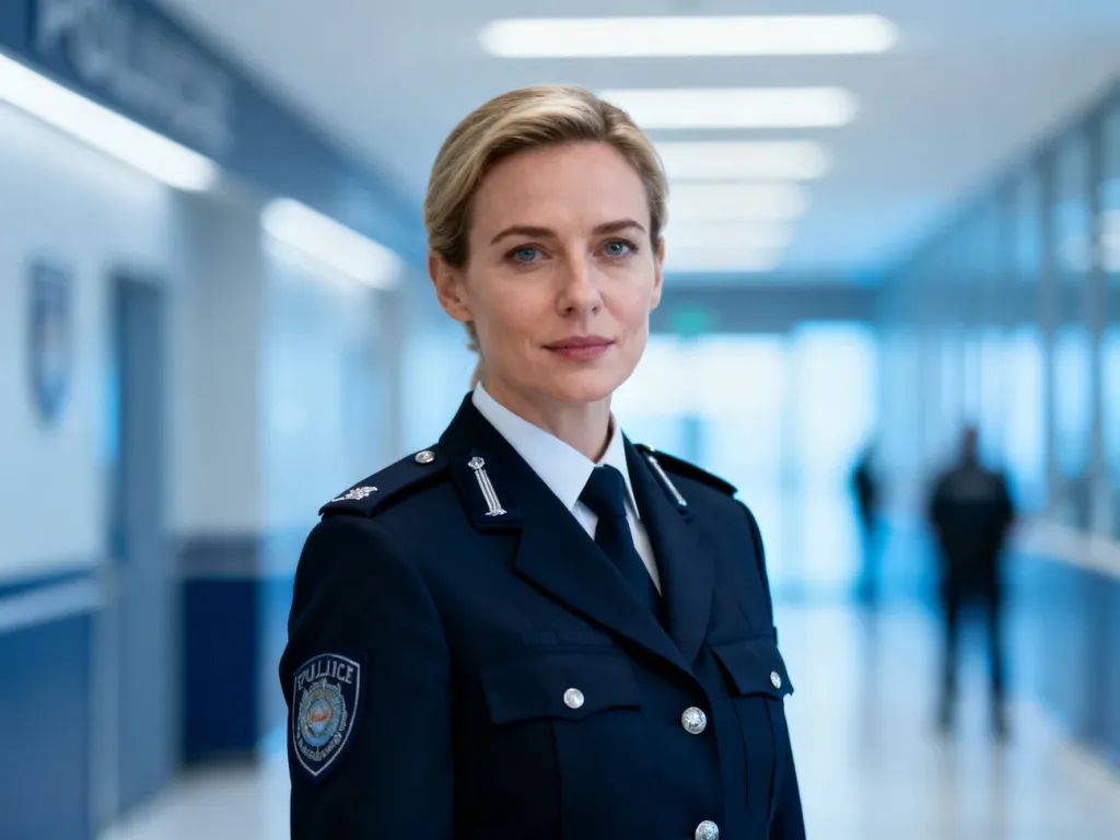 Pewna siebie policjantka w mundurze stojąca na tle nowoczesnego komisariatu.