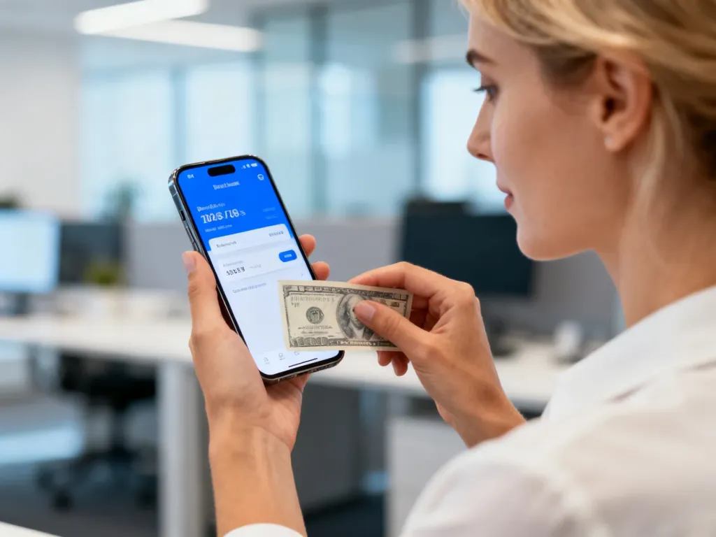Kobieta wykonująca przelew bankowy na smartfonie w nowoczesnym biurze, symbolizująca szybkie i bezpieczne płatności SEPA.