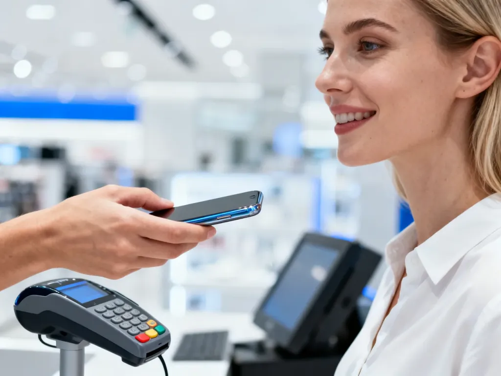 Kobieta płacąca zbliżeniowo smartfonem przy terminalu w nowoczesnym sklepie, ilustrująca działanie Google Pay.