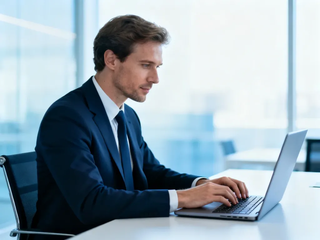 Profesjonalista pracujący przy laptopie w nowoczesnym biurze, ilustrujący proces logowania do konta Office 365.